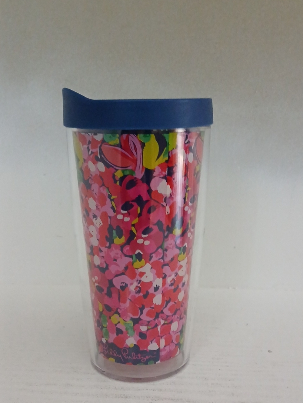 Lily Pulitzer Red Floral Travel Tumbler with Blue Lid